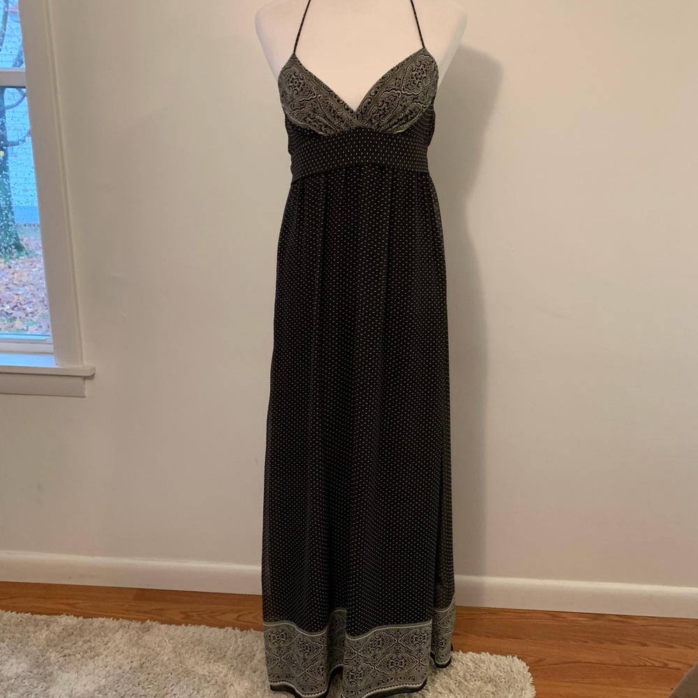 Black Polka Dot Halter Maxi Dress with Decorative Trim